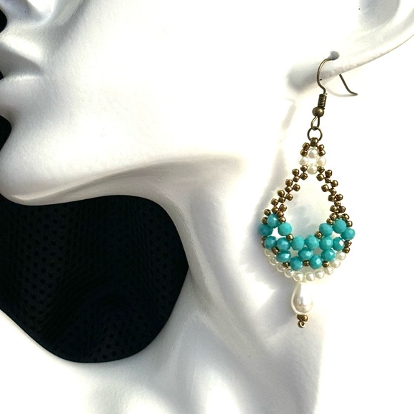 Hand Crafted Beaded Turquoise Crystal and Pearl Chunky Earrings - Picture 2 of 7